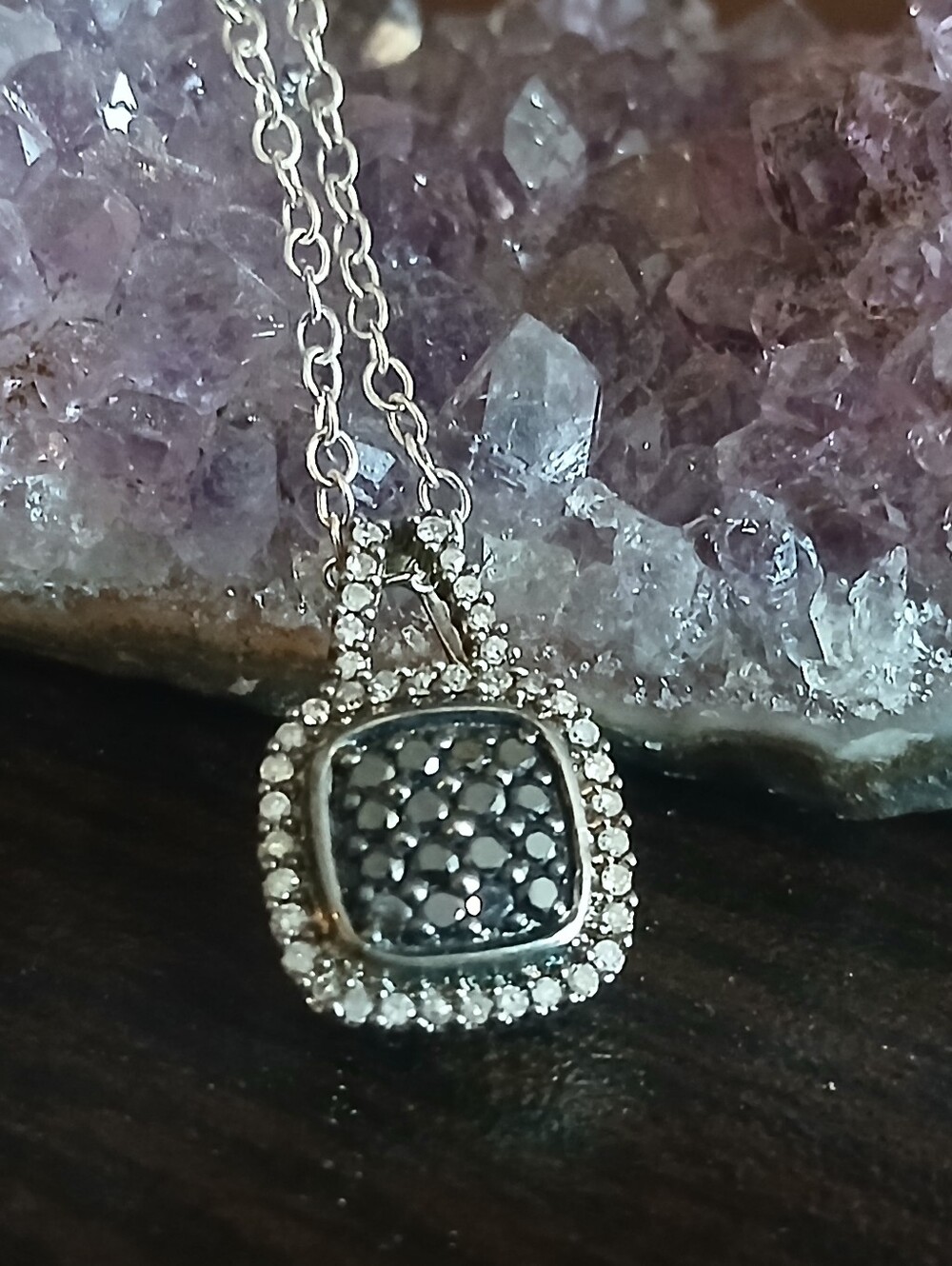NWOT/ SUN 925 sterling silver black & white diamond pendant necklace